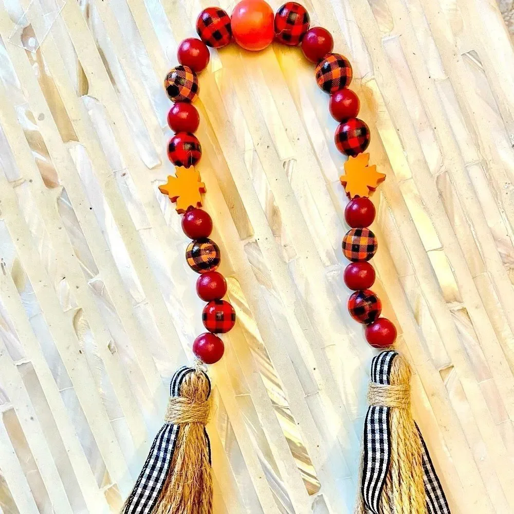 NEW Wood Bead Garland with Plaid Tassels